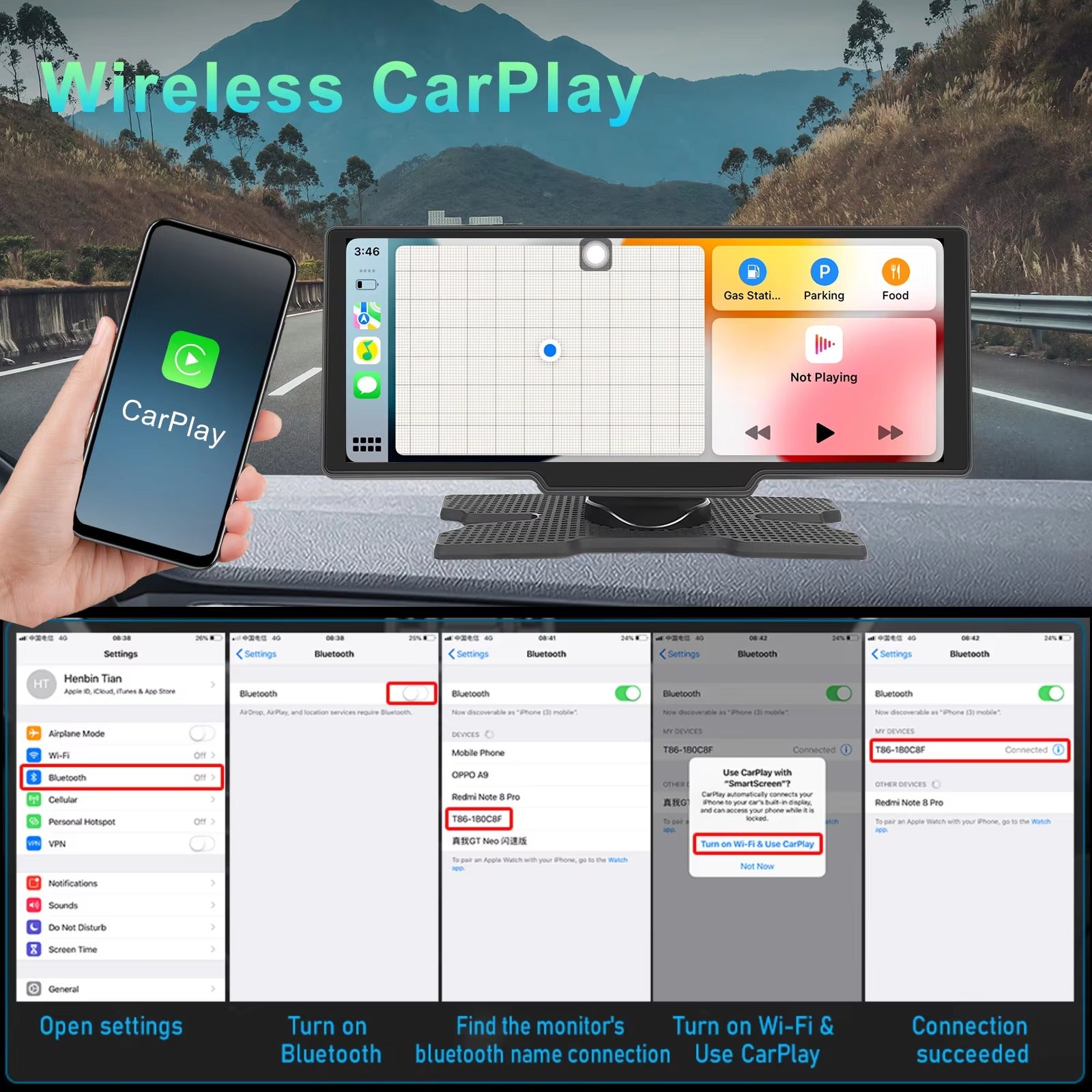 Podofo 10.26" Wireless Carplay Player