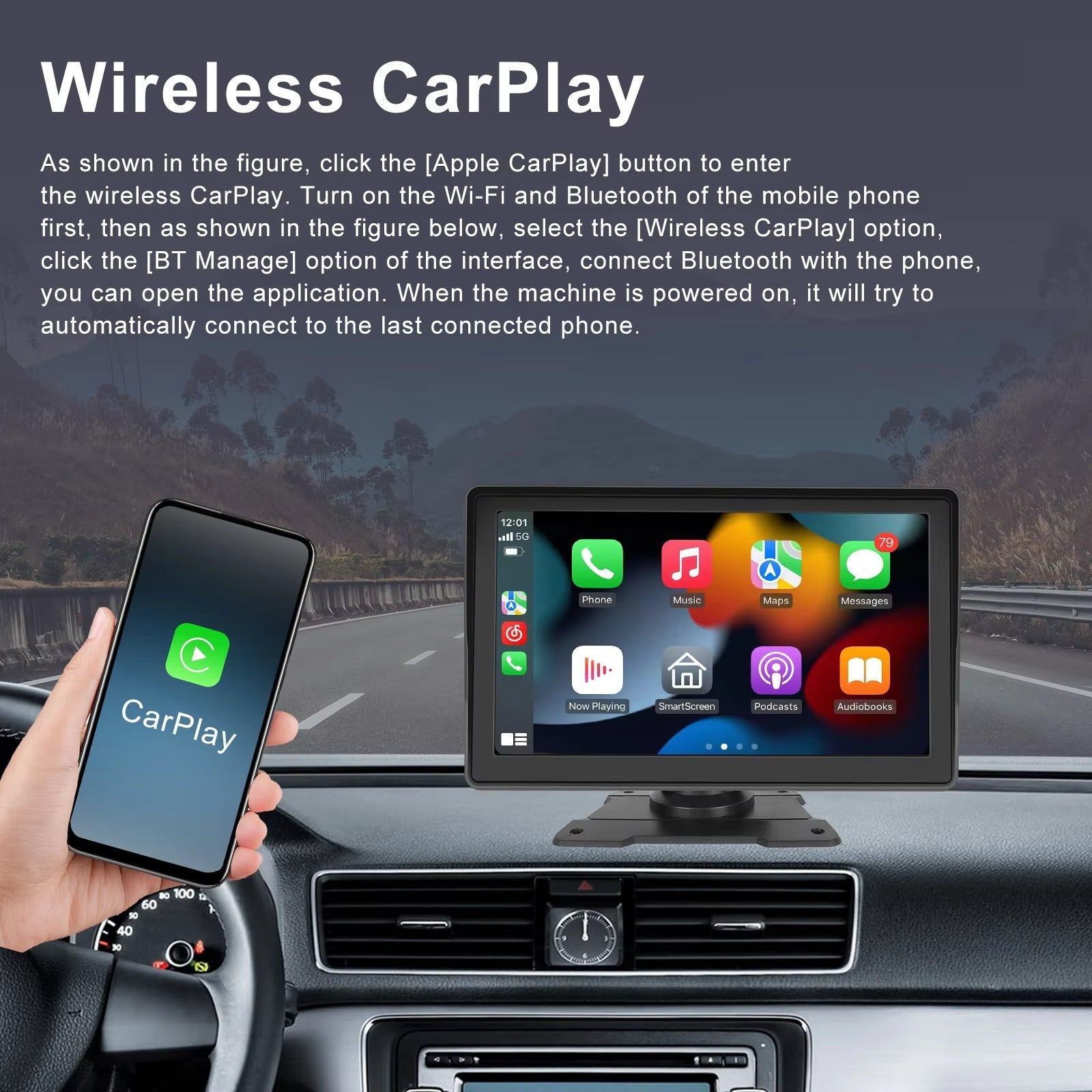 Podofo 7" Wireless Carplay Player